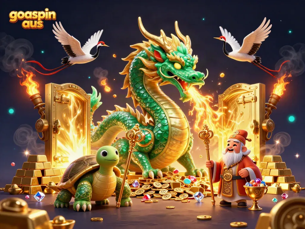 Engage with goospin aus's vibrant casino magic featuring a jade dragon and treasures.