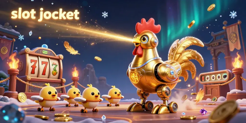 Engage with the slot jackpot themed 3D illustration of a golden rooster robot and chick drones in a dynamic casino setting.