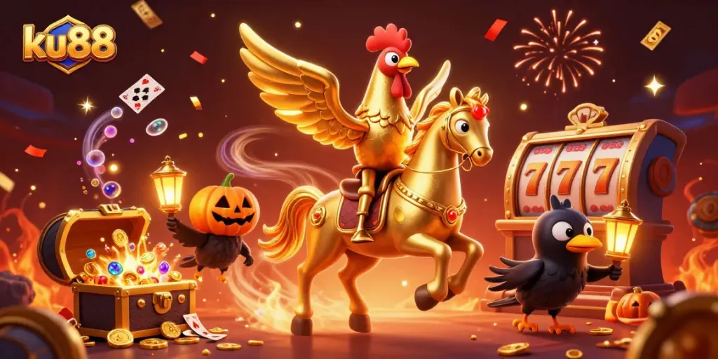 Win big with ku88 in a vibrant casino scene featuring golden rooster and festive decor.