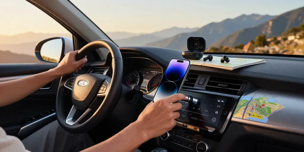 Pengguna air88 menghubungkan smartphone ke stereo mobil dalam suasana nyaman di pemandangan gunung.