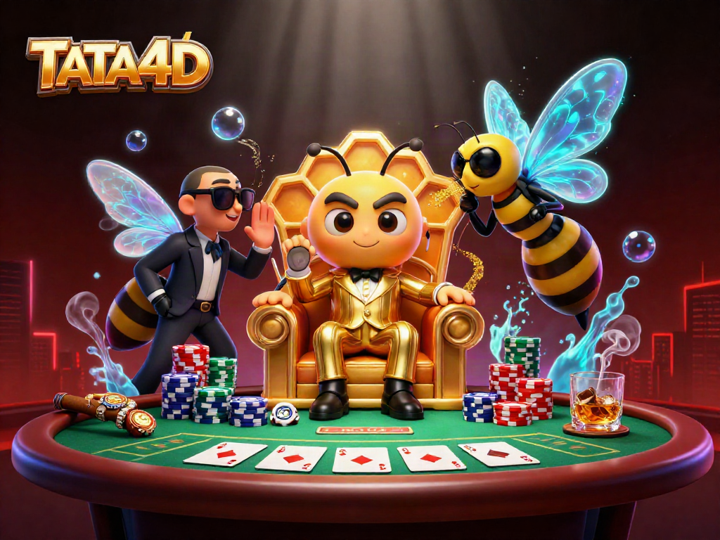 TATA4D unveils an electrifying scene with a mob-themed poker game involving vibrant characters and dynamic elements.