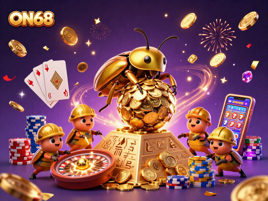 Experience thrilling gameplay at ON68 with a golden beetle rolling jackpot coins amid casino excitement.