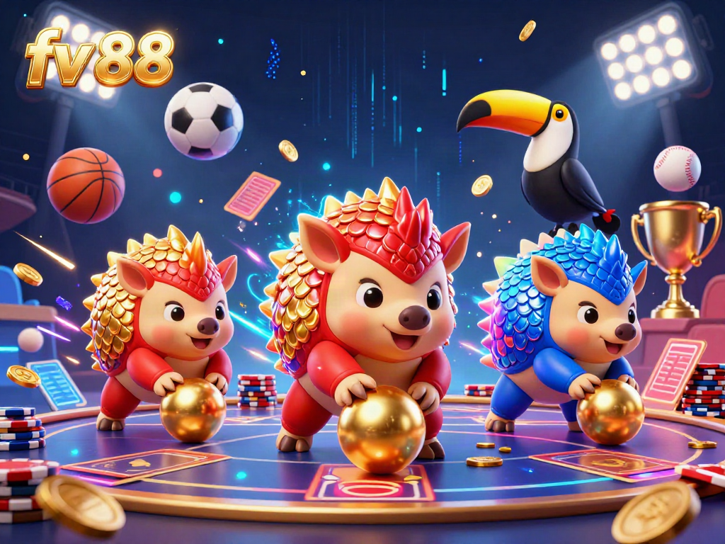 Experience thrilling gaming with fv 88 as rival pangolins bowl through poker chips in a lively casino scene.