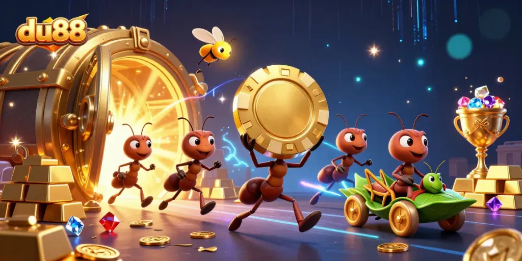 Experience thrilling gaming with du88 as a team of whimsical ants heist a giant poker chip.