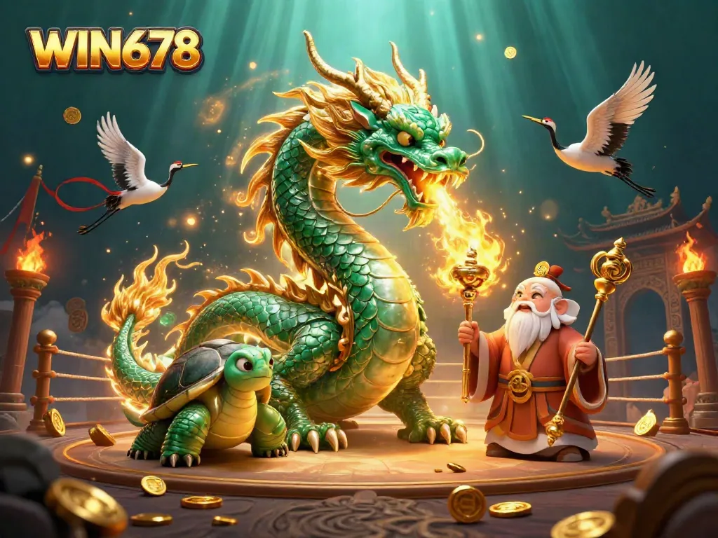Experience thrilling gameplay at WIN678 with a jade dragon and style from an ancient Asian casino scene.