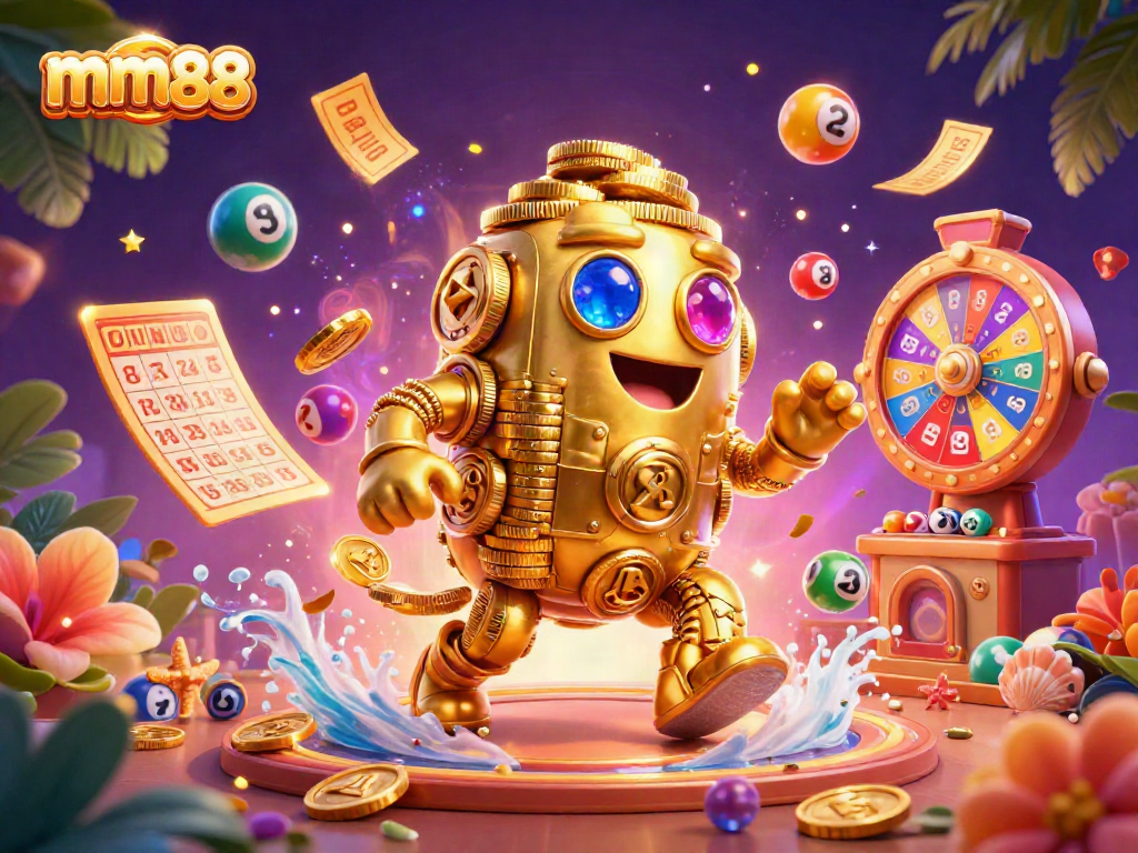 Engage with mm88's vibrant casino scene featuring a golden golem amidst lottery balls and dynamic game elements.