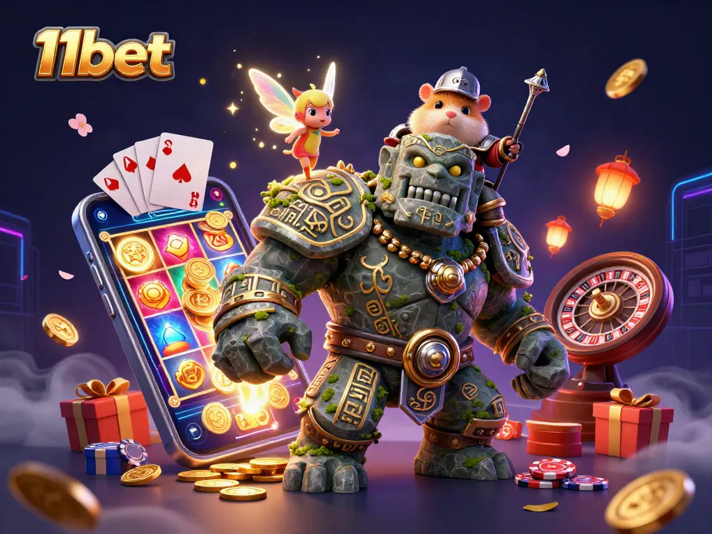 Engage with the 11bet 3D casino world featuring a stone golem guardian amidst magic and vibrant gaming elements.