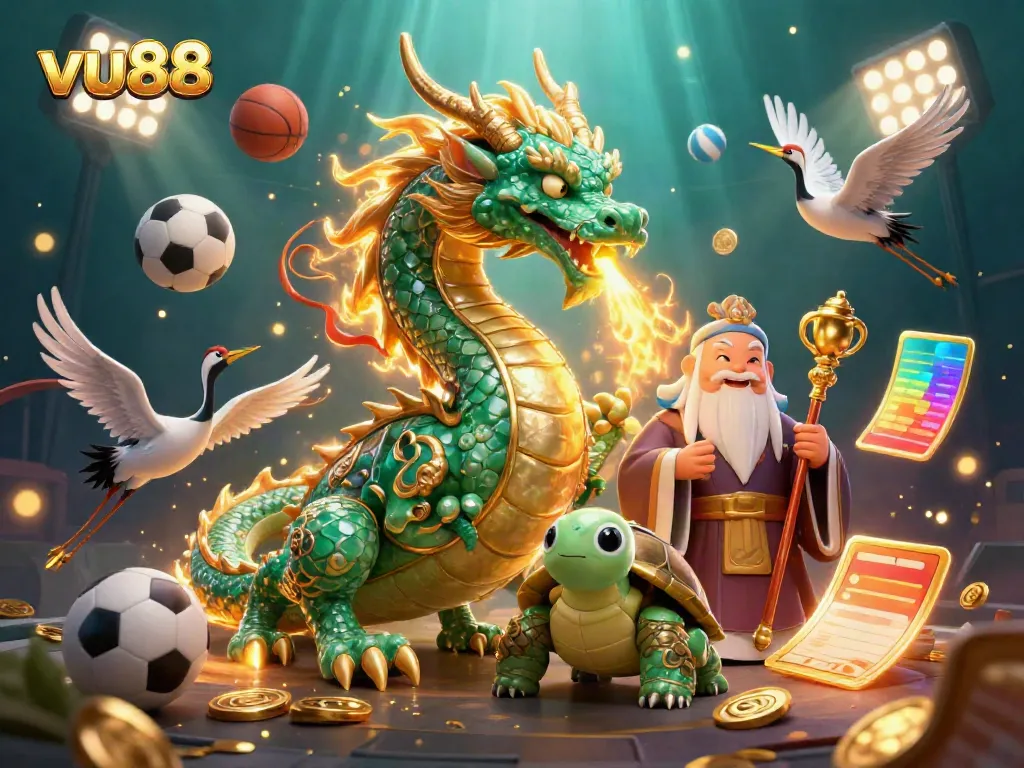 Experience the excitement of vu88 casino with a vibrant 3D illustration featuring mythical creatures and sports elements.
