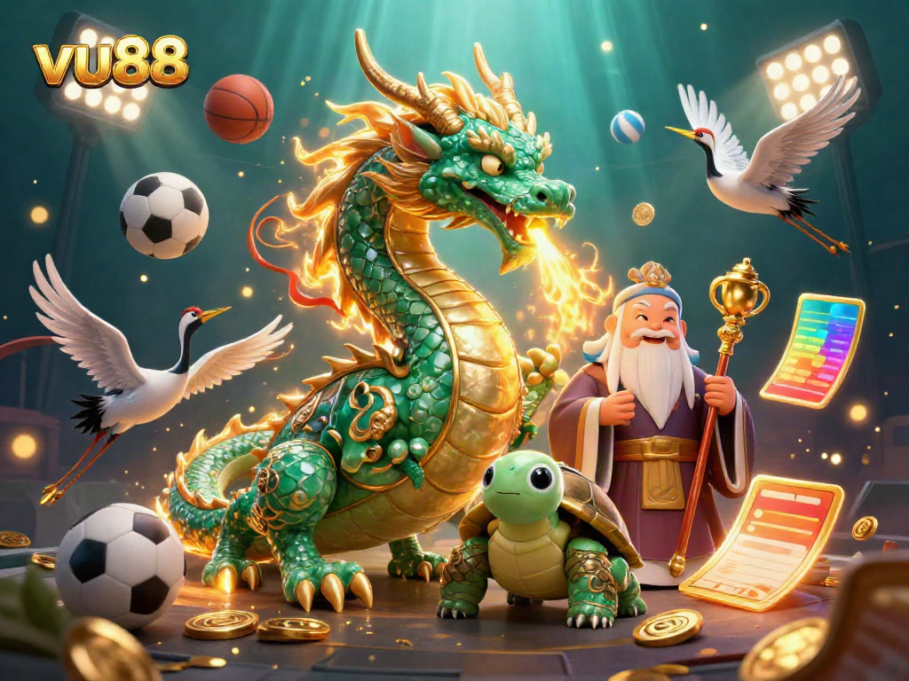 Experience the excitement of vu88 casino with a vibrant 3D illustration featuring mythical creatures and sports elements.