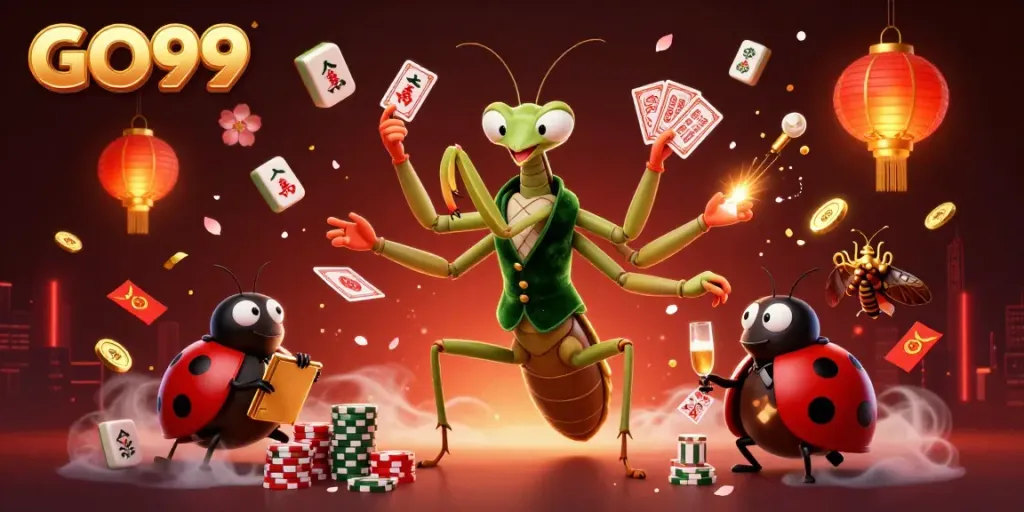 Engage with GO99, an exhilarating casino scene featuring a giant praying mantis and ladybug pit boss in vibrant action.
