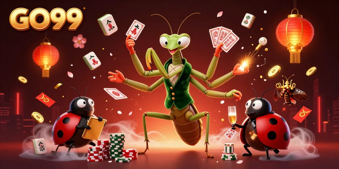 Engage with GO99, an exhilarating casino scene featuring a giant praying mantis and ladybug pit boss in vibrant action.
