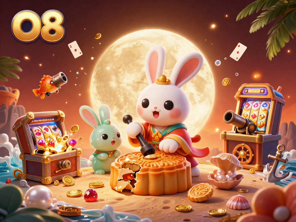 Experience thrilling wins at O8 with a captivating 3D cartoon illustration of games and festive elements.