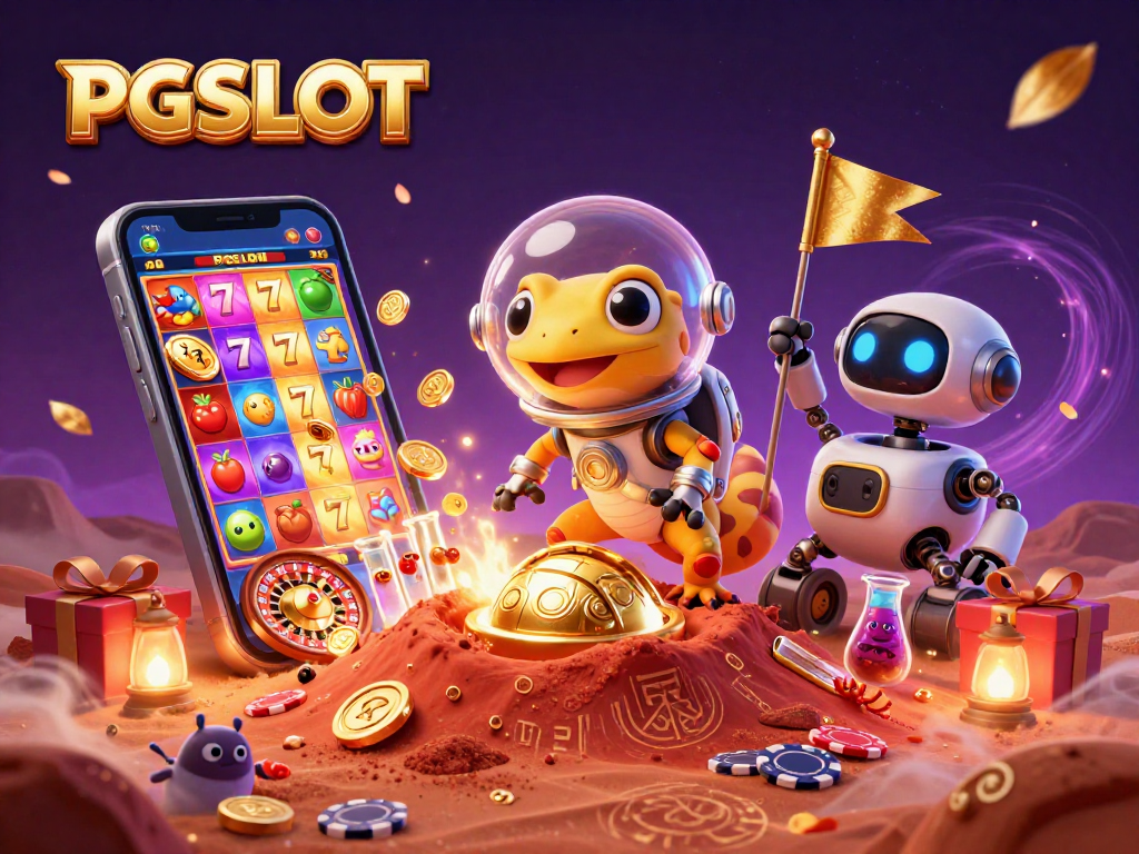 Engage with PGSLOT's vibrant 3D gaming scene featuring an exciting alien casino discovery.