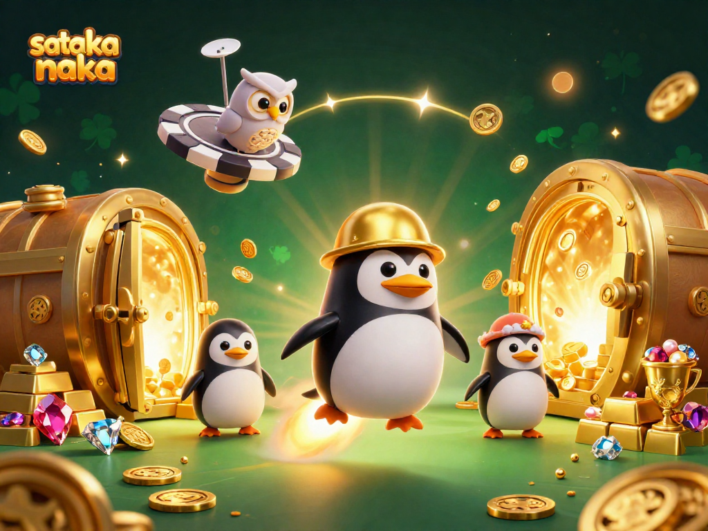 Experience sataka nataka with a golden penguin soaring toward a vibrant casino amidst dazzling treasures.