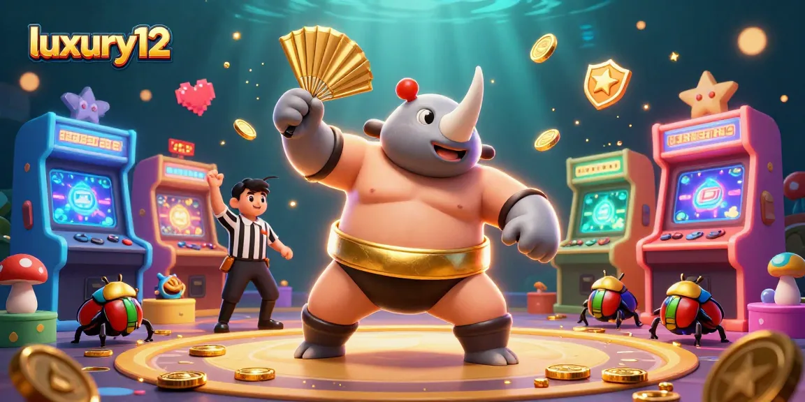 Experience luxury12 with animated casino gaming characters amidst vibrant arcade elements.