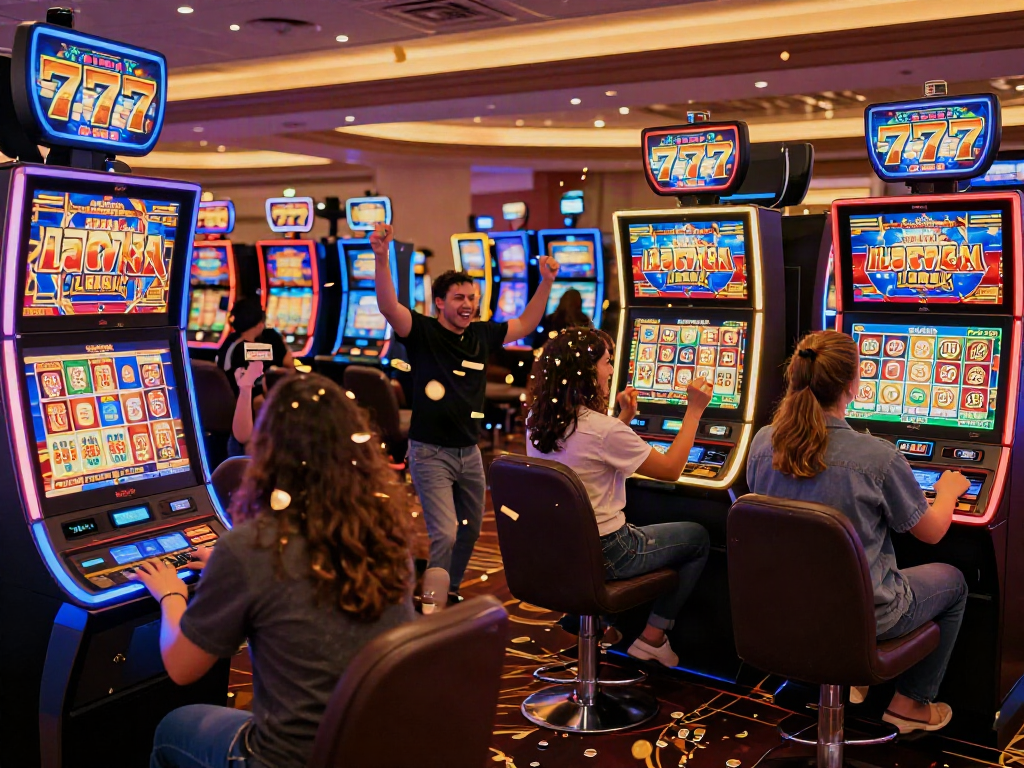 Celebration at Lucky777 casino as players cheer during a jackpot win.