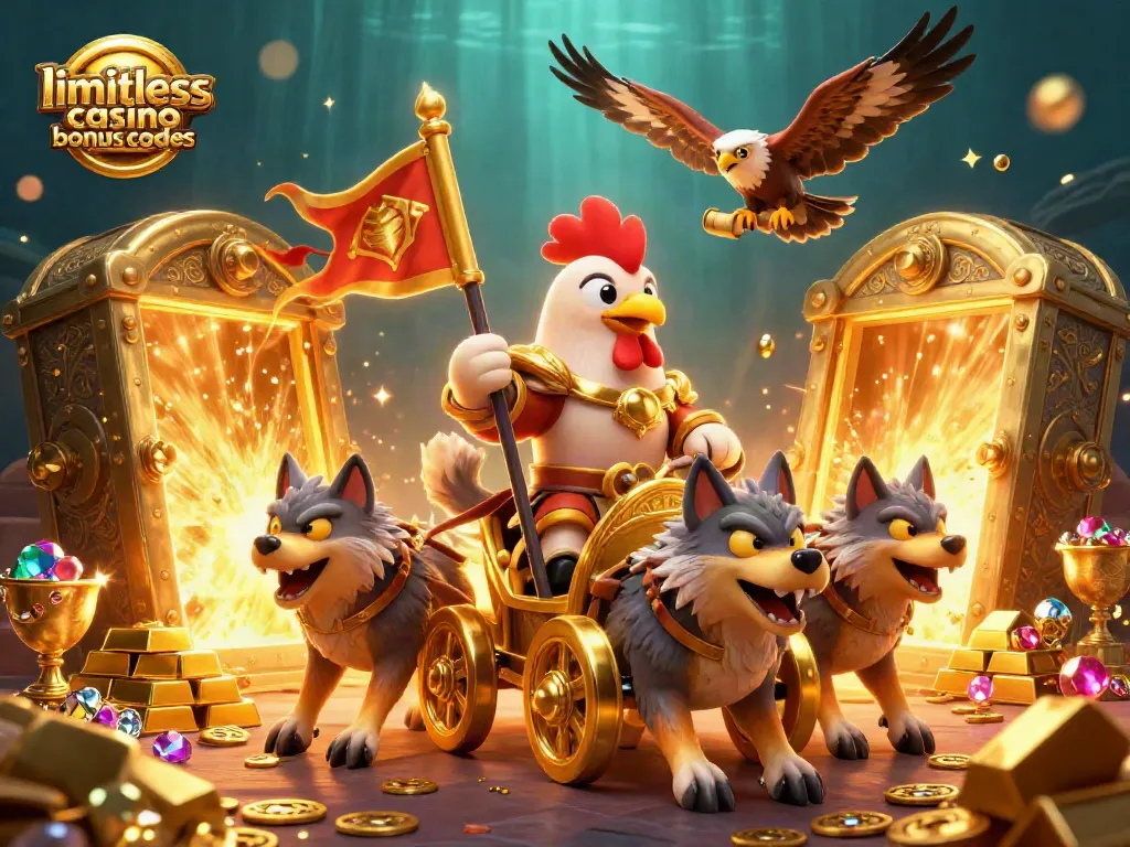 Engage with limitless casino bonus codes in a vibrant 3D scene featuring treasures and war elements.