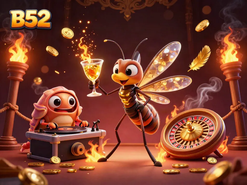 Experience the lively B52 casino scene with a unique frozen mascot and thrilling gaming elements.