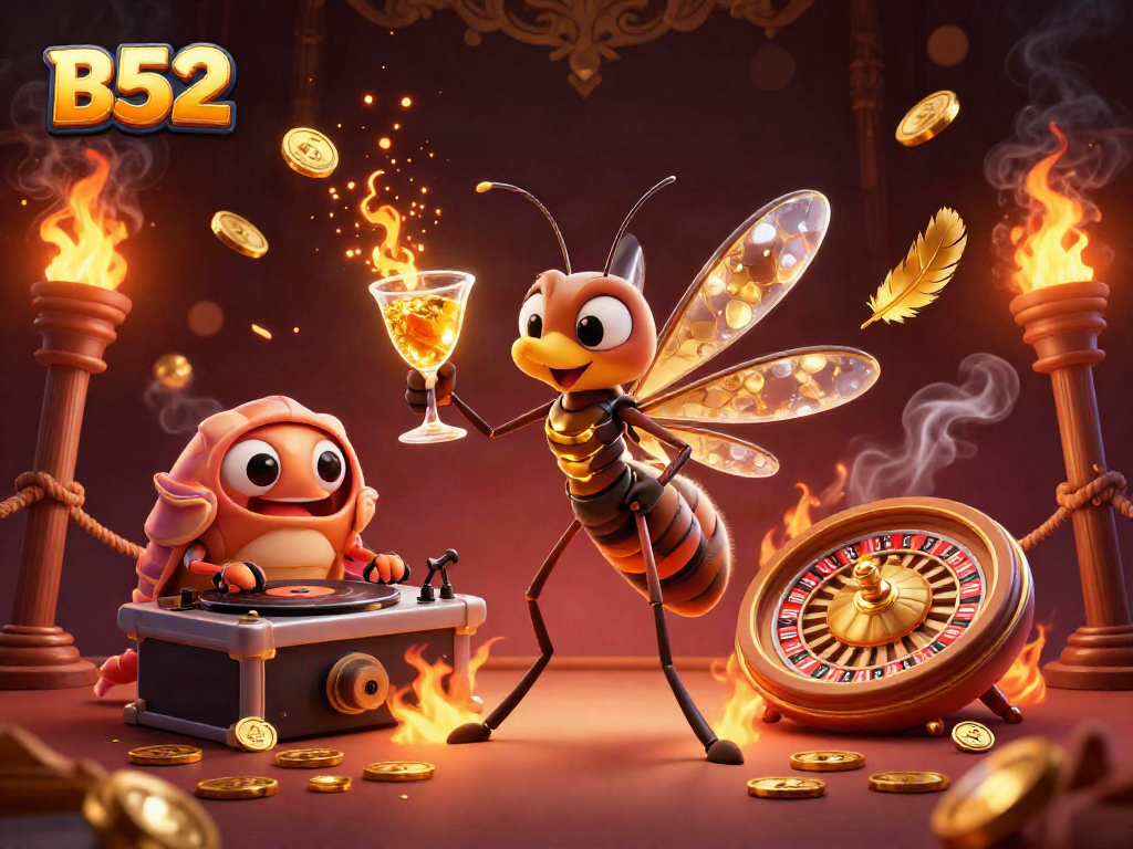 Experience the lively B52 casino scene with a unique frozen mascot and thrilling gaming elements.