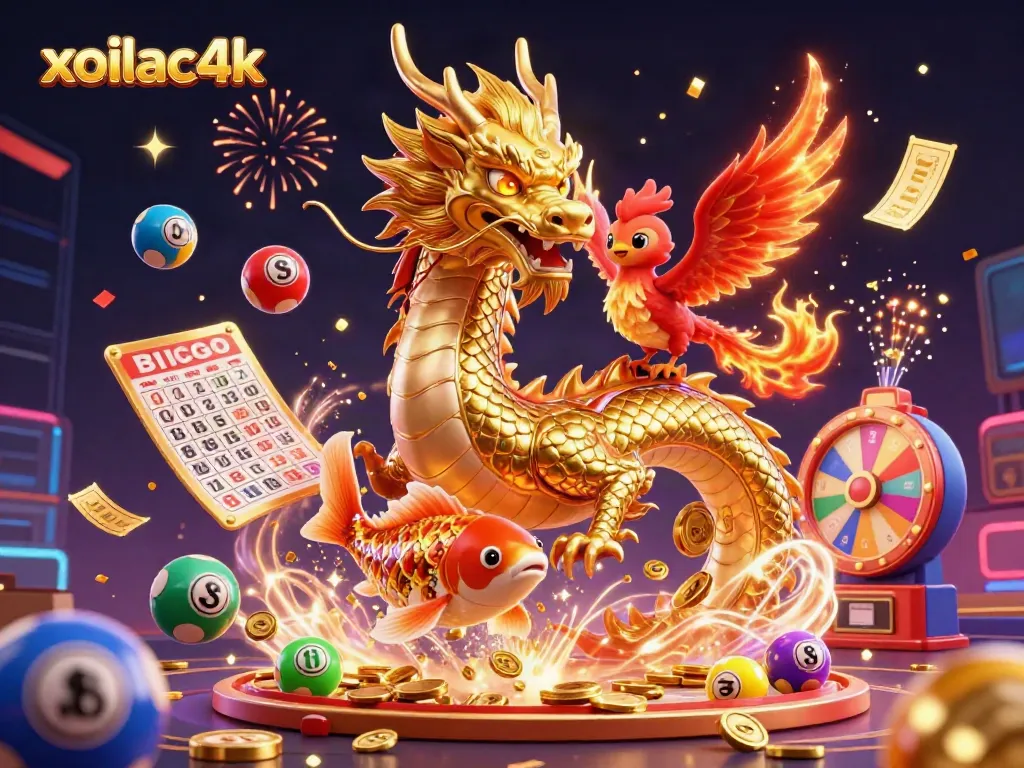 Experience the thrilling energy of xoilac4k with a vibrant 3D casino scene filled with golden dragons, coins, and lottery excitement.