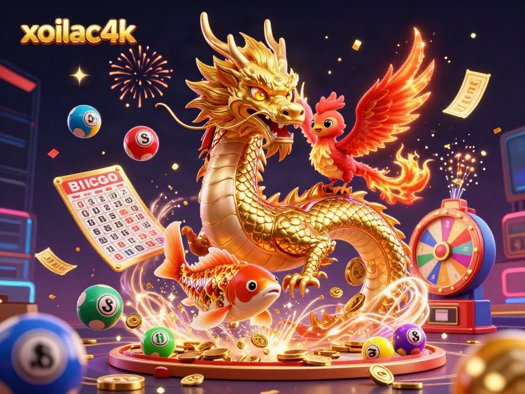 Experience the thrilling energy of xoilac4k with a vibrant 3D casino scene filled with golden dragons, coins, and lottery excitement.
