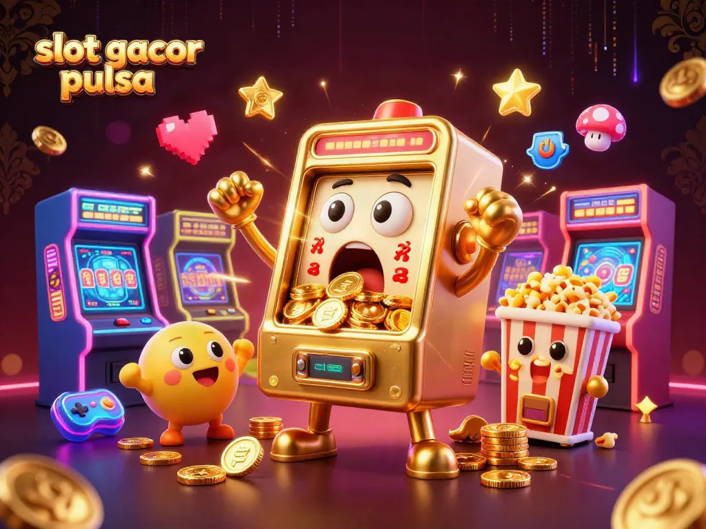 Exciting scene depicting slot gacor pulsa where a golden slot machine hits a jackpot with coins overflowing.