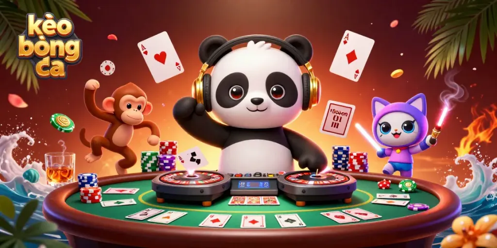 Experience kèo bóng đá excitement with 3D animated characters in a vibrant casino scene.