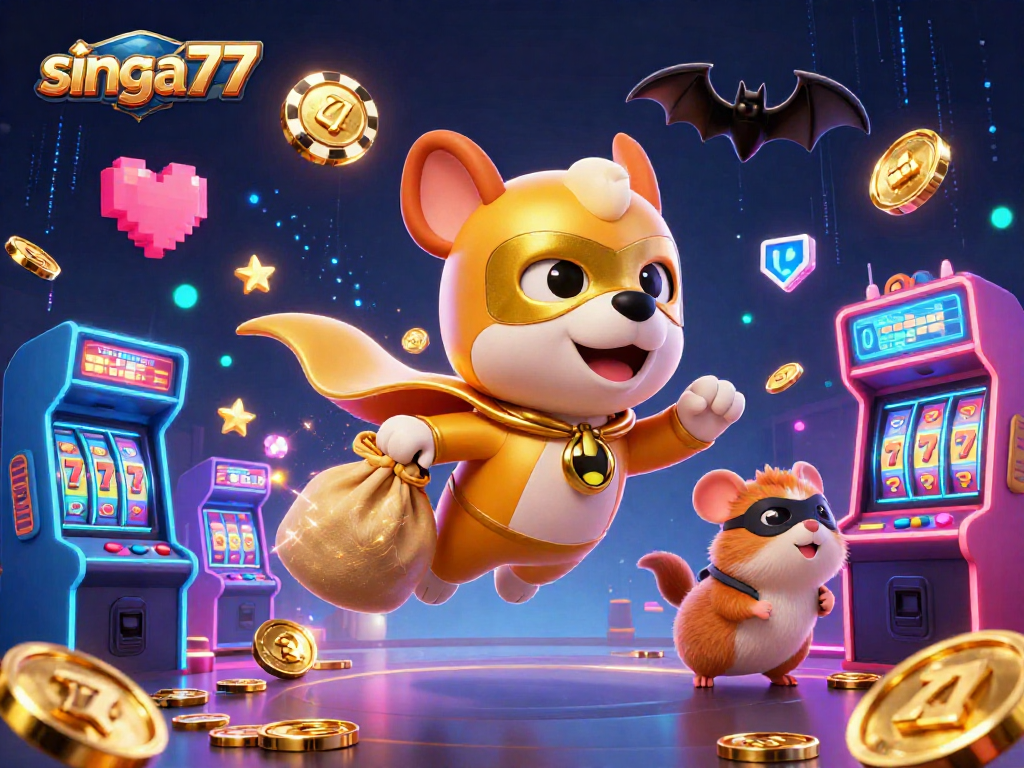 Singa77 cartoon illustration of a superhero dog and hamster in a casino-themed scene with gold coins and vibrant game elements.