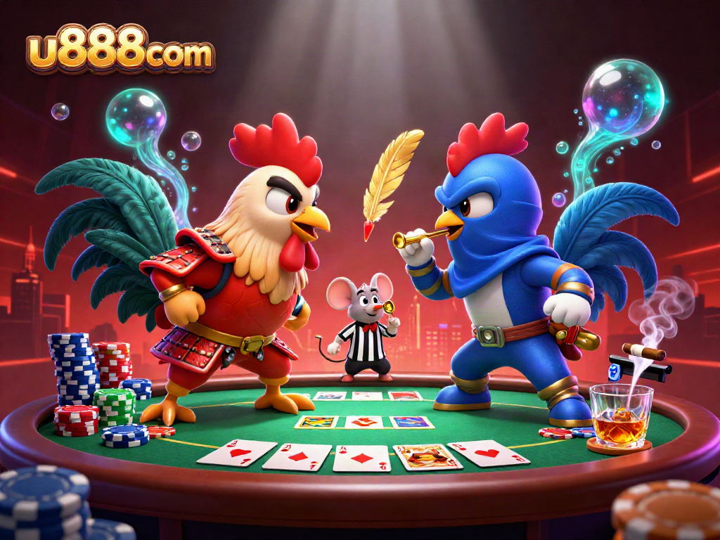 Engage with the thrilling standoff of u888com's iconic fighting roosters on a lavish poker table.