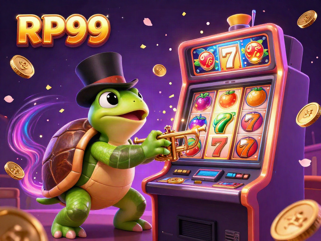 Experience the excitement of RP99 with a celebrating turtle and frog at a vibrant casino slot machine.