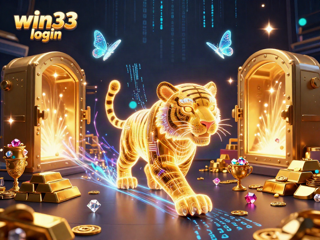 Engage with win33 login at this vibrant digital casino scene featuring a luminous tiger.