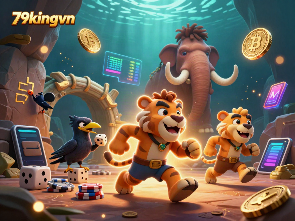 Experience 79kingvn's vibrant casino atmosphere with animated prehistoric characters and crypto elements.