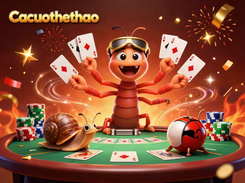Experience high-stakes excitement with Cacuocthethao as a millipede dealer showcases poker skills amidst colorful chip stacks.