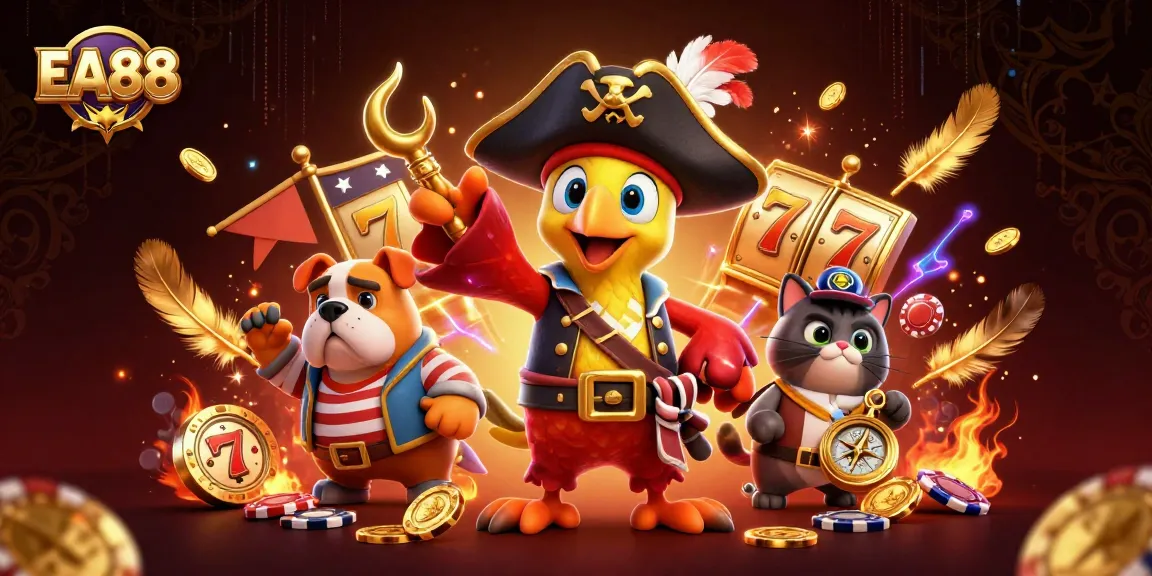 Venture into EA88's lively casino scene with a pirate captain and loyal crew amid colorful gaming elements.
