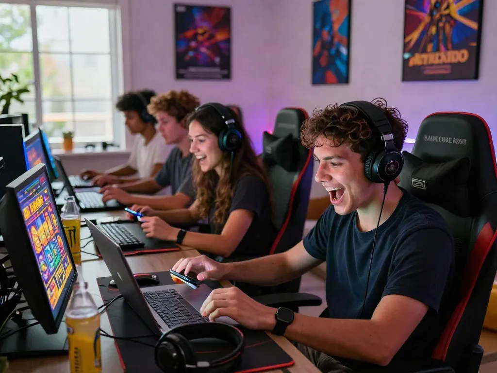Engaged players experiencing slot gacor excitement in a dynamic and vibrant gaming setup.