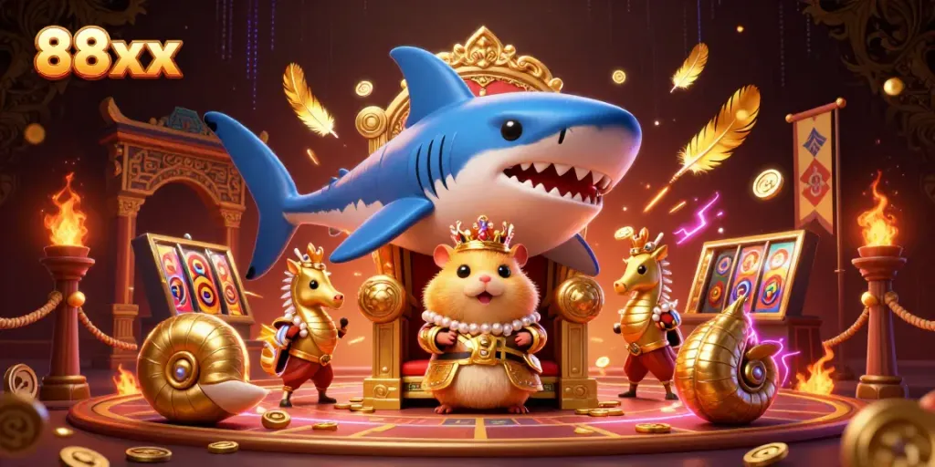 Experience the thrill of 88xx with a golden hamster king in a vibrant casino scene.