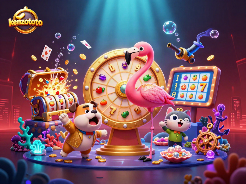Experience kenzototo excitement as a flamingo spins a prize wheel amidst a vibrant casino scene.