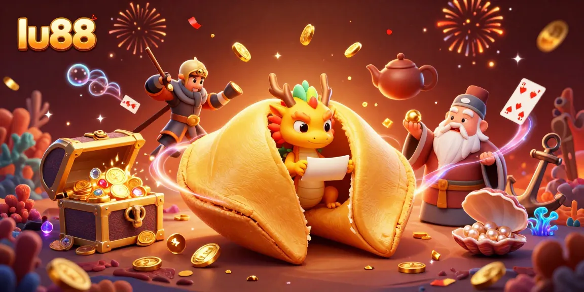 Experience exciting gameplay at lu88 with an ultra-detailed scene filled with game elements, fortune cookies, and dragon guardians.