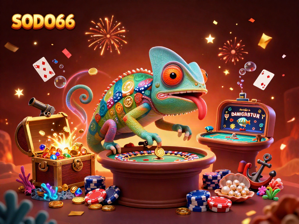SODO66 engages players with a vibrant casino experience featuring an animated chameleon surrounded by gold coins and gaming elements.