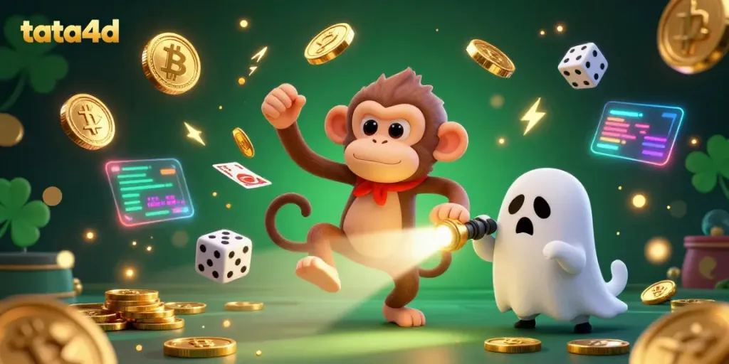 Experience exciting wins at tata4d with a lively ghost-hunter puppy and a mischievous monkey amidst vibrant casino elements.