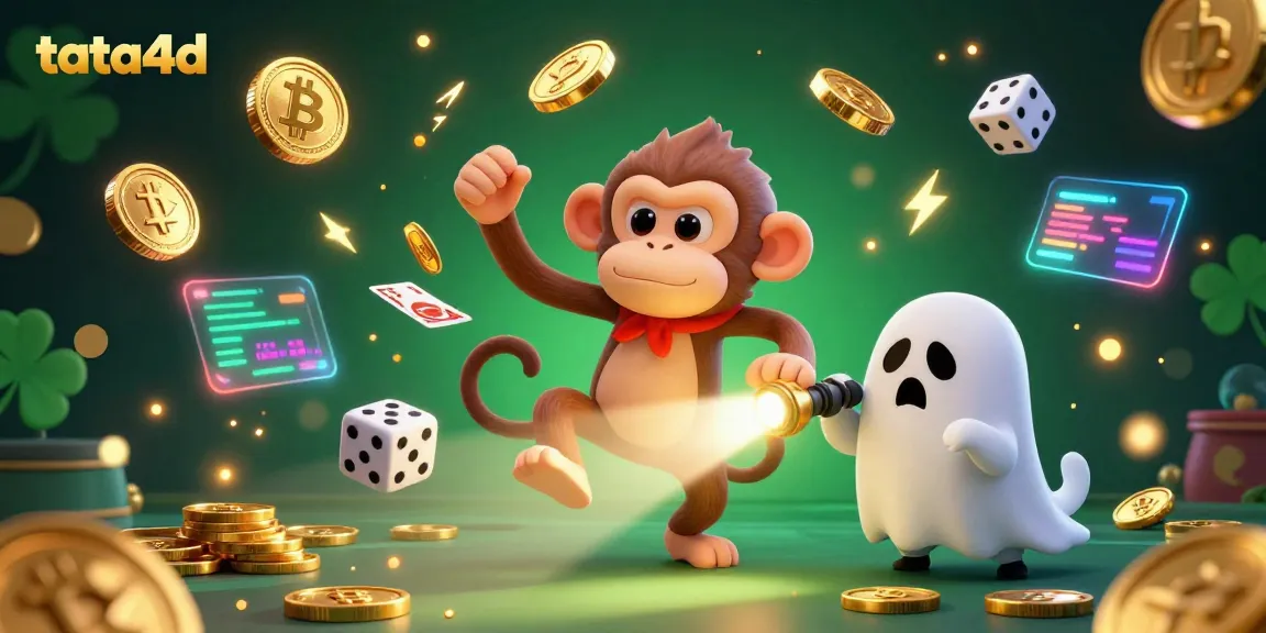 Experience exciting wins at tata4d with a lively ghost-hunter puppy and a mischievous monkey amidst vibrant casino elements.
