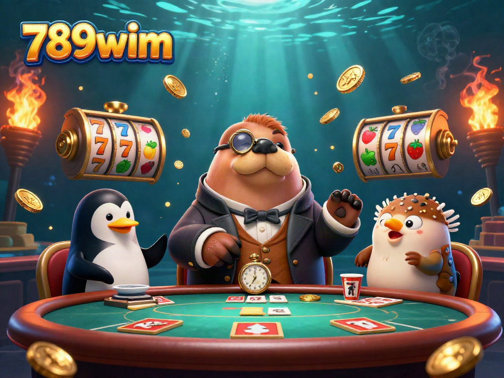 Experience immersive gameplay at 789wim with a fun underwater poker scene featuring vibrant casino elements.