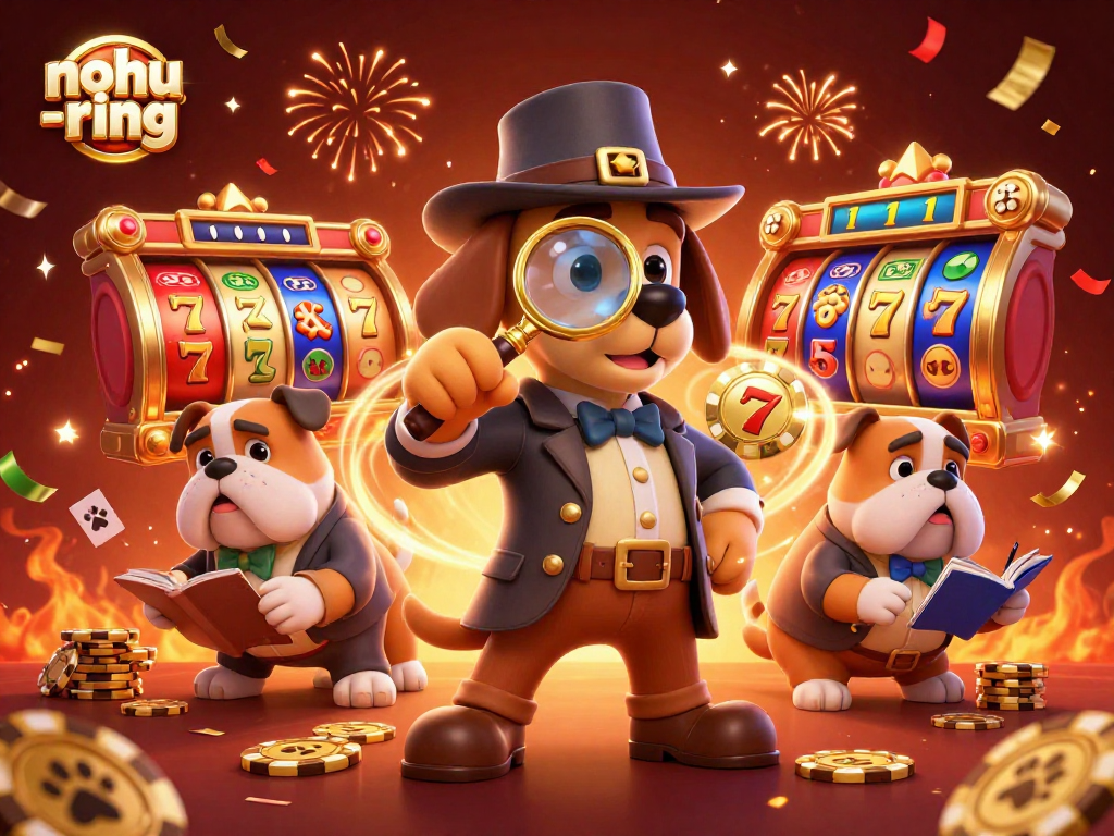 Engage in thrilling luck with nohu-ring, featuring a detective and bulldog amid slot reels and poker chips.