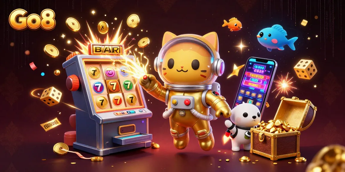 Engage with Go8's thrilling casino adventures in a galaxy of excitement with a space astronaut cat.
