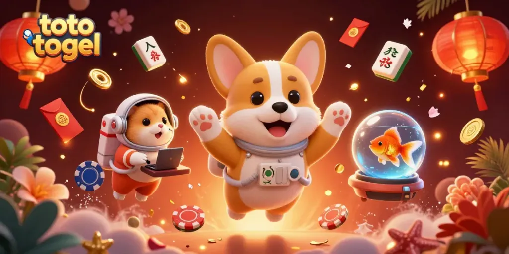 Permainan toto togel dengan corgi astronaut, hamster, dan ikan dalam ilustrasi kasino luar angkasa yang menyenangkan.