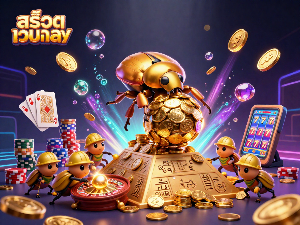 Experience the excitement of สล็อตเว็บตรง with golden beetles rolling coins, dynamic casino symbols, and vibrant game elements.