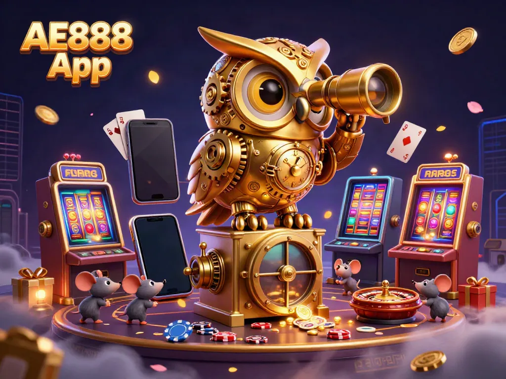 Play vibrant slot games on the AE888 App with golden coins and exciting casino elements.