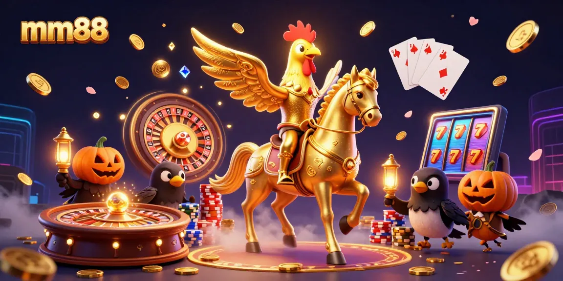 Experience mm88 gaming excitement with a golden rooster and dynamic casino elements in a captivating scene.