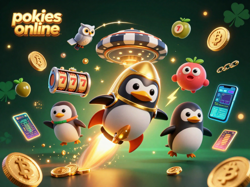 Spin the reels with pokies online as a golden penguin soars toward a casino chip in space.
