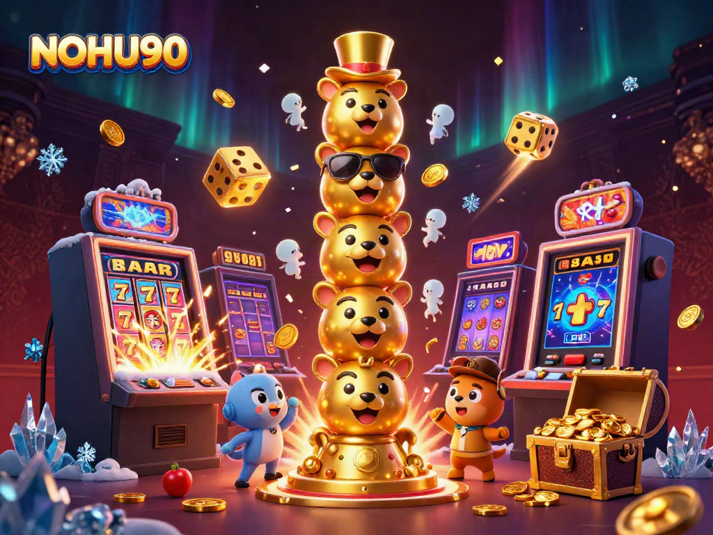 Experience the excitement of NOHU90 casino with animated characters, vibrant slot explosions, and dynamic game elements.